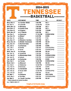 Tennessee Volunteers Basketball 2024-25 Printable Schedule