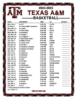 Texas A&M Aggies Basketball 2024-25 Printable Schedule - Central Times