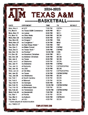 Texas A&M Aggies Basketball 2024-25 Printable Schedule