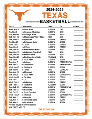 Texas Longhorns Basketball 2024-25 Printable Schedule - Central Times