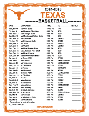 2024-25 Printable Texas Longhorns Basketball Schedule