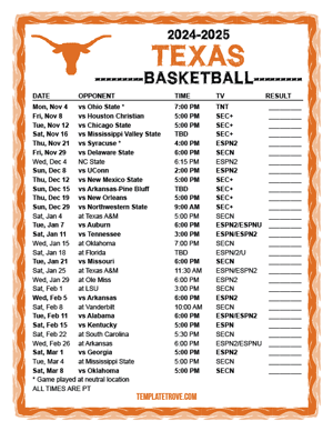 Texas Longhorns Basketball 2024-25 Printable Schedule - Pacific Times