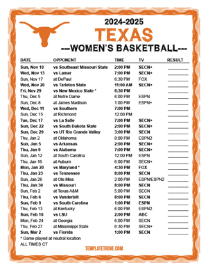 Texas Longhorns Women's Basketball 2024-25 Printable Schedule - Central Times