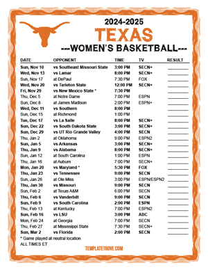 Texas Longhorns Women's Basketball 2024-25 Printable Schedule