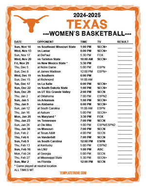 Texas Longhorns Women's Basketball 2024-25 Printable Schedule - Mountain Times