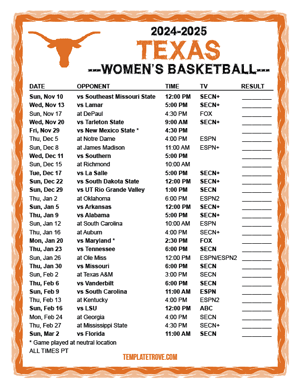 Texas Longhorns Women's Basketball 2024-25 Printable Schedule - Pacific Times