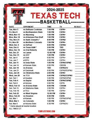 Texas Tech Red Raiders Basketball 2024-25 Printable Schedule - Central Times