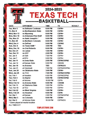 2024-25 Printable Texas Tech Red Raiders Basketball Schedule