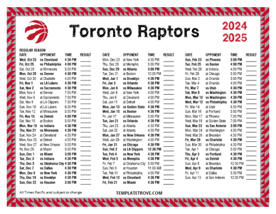 Toronto Raptors 2024-25 Printable Schedule - Pacific Times