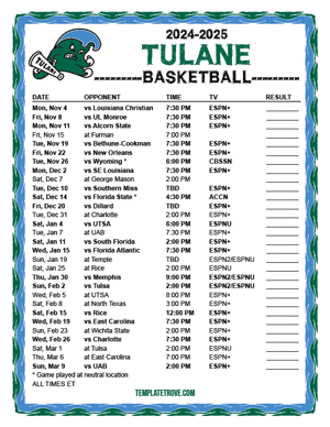 Tulane Green Wave Basketball 2024-25 Printable Schedule