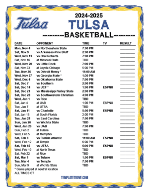 Tulsa Golden Hurricane Basketball 2024-25 Printable Schedule - Central Times