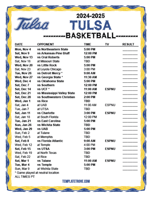 Tulsa Golden Hurricane Basketball 2024-25 Printable Schedule - Pacific Times