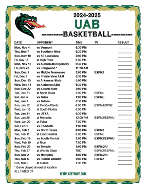 UAB Blazers Basketball 2024-25 Printable Schedule - Central Times