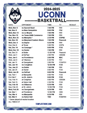 UConn Huskies Basketball 2024-25 Printable Schedule