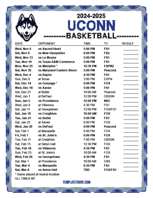 UConn Huskies Basketball 2024-25 Printable Schedule - Mountain Times