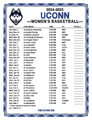 UConn Huskies Women's Basketball 2024-25 Printable Schedule