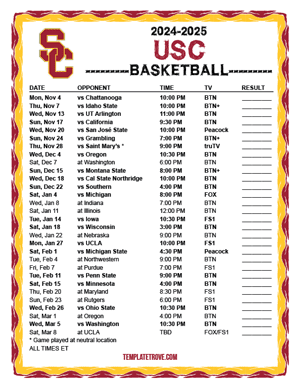 USC Trojans Basketball 2024-25 Printable Schedule