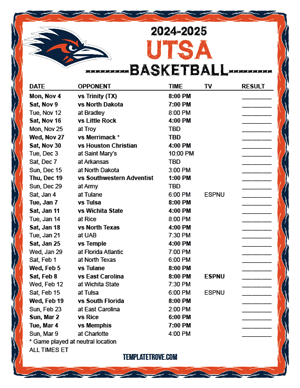 2024-25 Printable UTSA Roadrunners Basketball Schedule