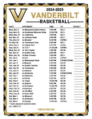 Vanderbilt Commodores Basketball 2024-25 Printable Schedule - Central Times