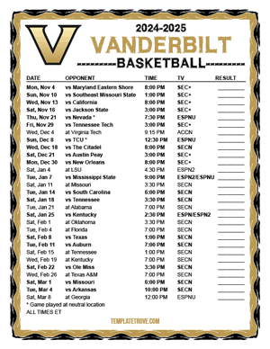 2024-25 Printable Vanderbilt Commodores Basketball Schedule