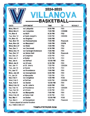 Villanova Wildcats Basketball 2024-25 Printable Schedule