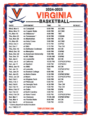 Virginia Cavaliers Basketball 2024-25 Printable Schedule - Central Times