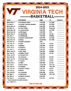 Virginia Tech Hokies Basketball 2024-25 Printable Schedule - Central Times