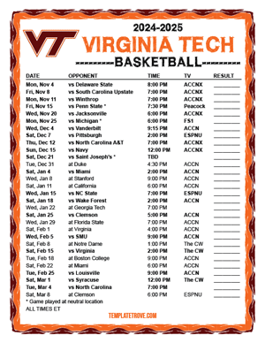 2024-25 Printable Virginia Tech Hokies Basketball Schedule