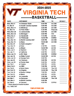 Virginia Tech Hokies Basketball 2024-25 Printable Schedule - Mountain Times