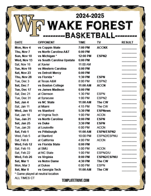 Wake Forest Demon Deacons Basketball 2024-25 Printable Schedule - Central Times