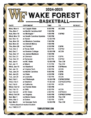 2024-25 Printable Wake Forest Demon Deacons Basketball Schedule