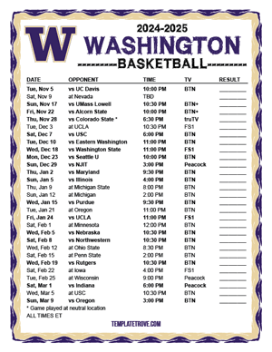 Washington Huskies Basketball 2024-25 Printable Schedule