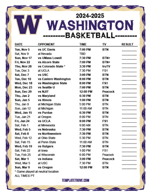 Washington Huskies Basketball 2024-25 Printable Schedule - Pacific Times