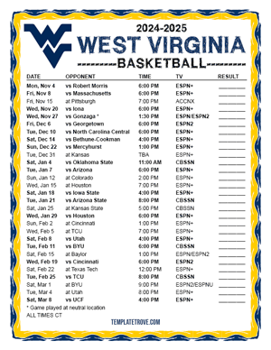 West Virginia Mountaineers Basketball 2024-25 Printable Schedule - Central Times