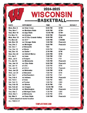 Wisconsin Badgers Basketball 2024-25 Printable Schedule