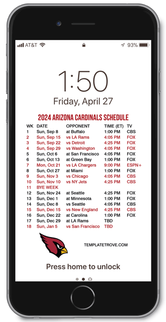 2024 Arizona Cardinals Lock Screen Schedule