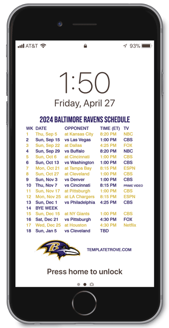2024 Baltimore Ravens Lock Screen Schedule