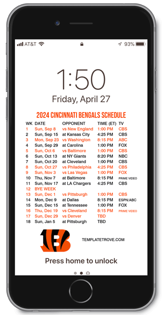 2024 Cincinnati Bengals Lock Screen Schedule