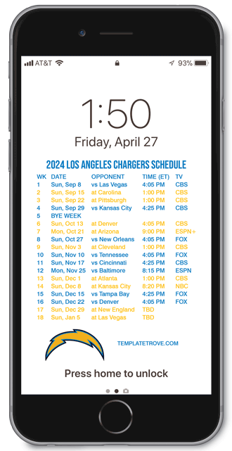 2024 Los Angeles Chargers Lock Screen Schedule