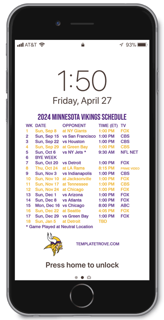 2024 Minnesota Vikings Lock Screen Schedule