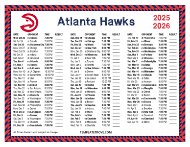 Atlanta Hawks 2025-26 Printable Schedule