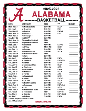 Alabama Crimson Tide Basketball 2025-26 Printable Schedule - Pacific Times