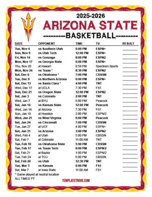 Arizona State Sun Devils Basketball 2025-26 Printable Schedule - Pacific Times