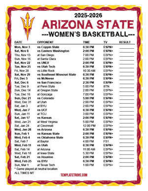 Arizona State Sun Devils Women's Basketball 2025-26 Printable Schedule - Mountain Times