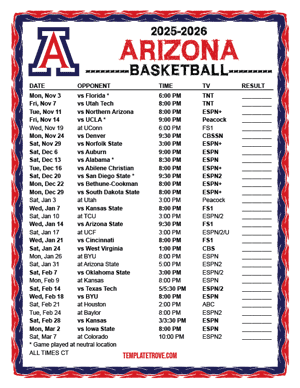 Arizona Wildcats Basketball 2025-26 Printable Schedule - Central Times