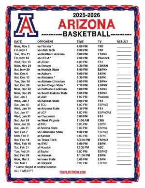Arizona Wildcats Basketball 2025-26 Printable Schedule - Pacific Times