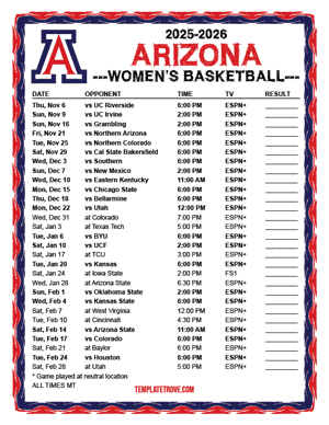Arizona Wildcats Women's Basketball 2025-26 Printable Schedule - Mountain Times