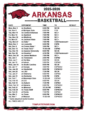 Arkansas Razorbacks Basketball 2025-26 Printable Schedule - Central Times