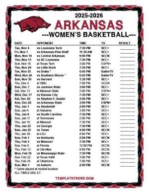 2024-25 Printable Arkansas Razorbacks Women's Basketball Schedule