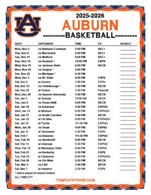 Auburn Tigers Basketball 2025-26 Printable Schedule - Pacific Times